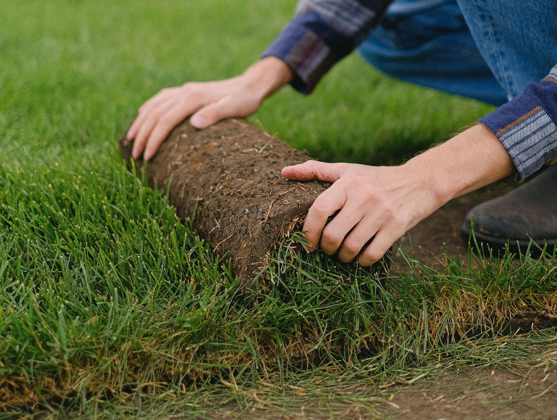 Side view of male worker laying sod grass onto ground for new garden lawn while working in countryside on blurred background